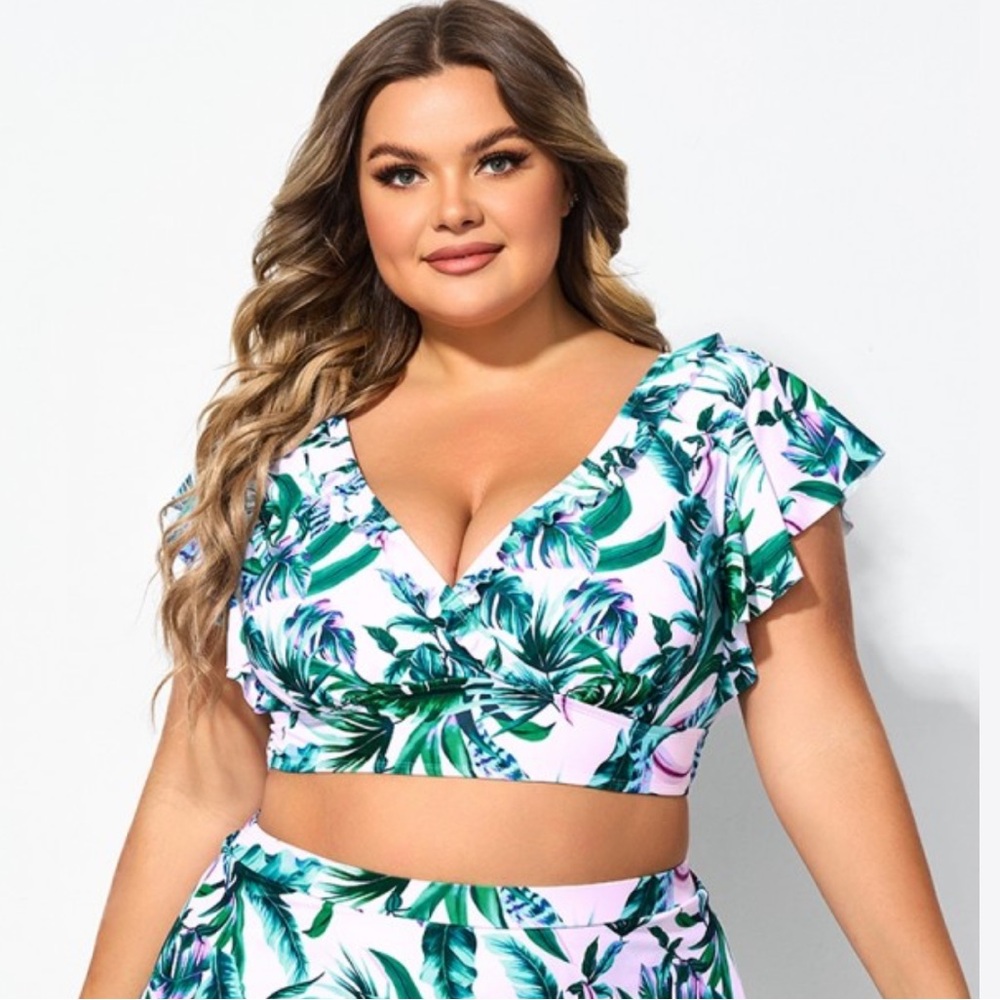 Meet Curve Plus Size Wireless Ruffle Sleeve V-Neck Bikini Top 4XL New